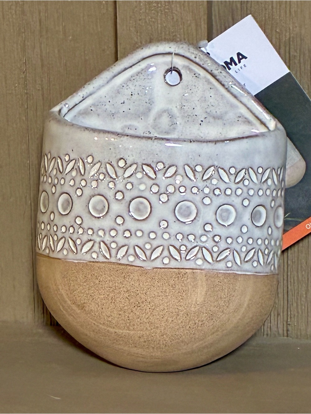 Sonoma Cream and Tan Textured Ceramic Hanging Plant Pocket